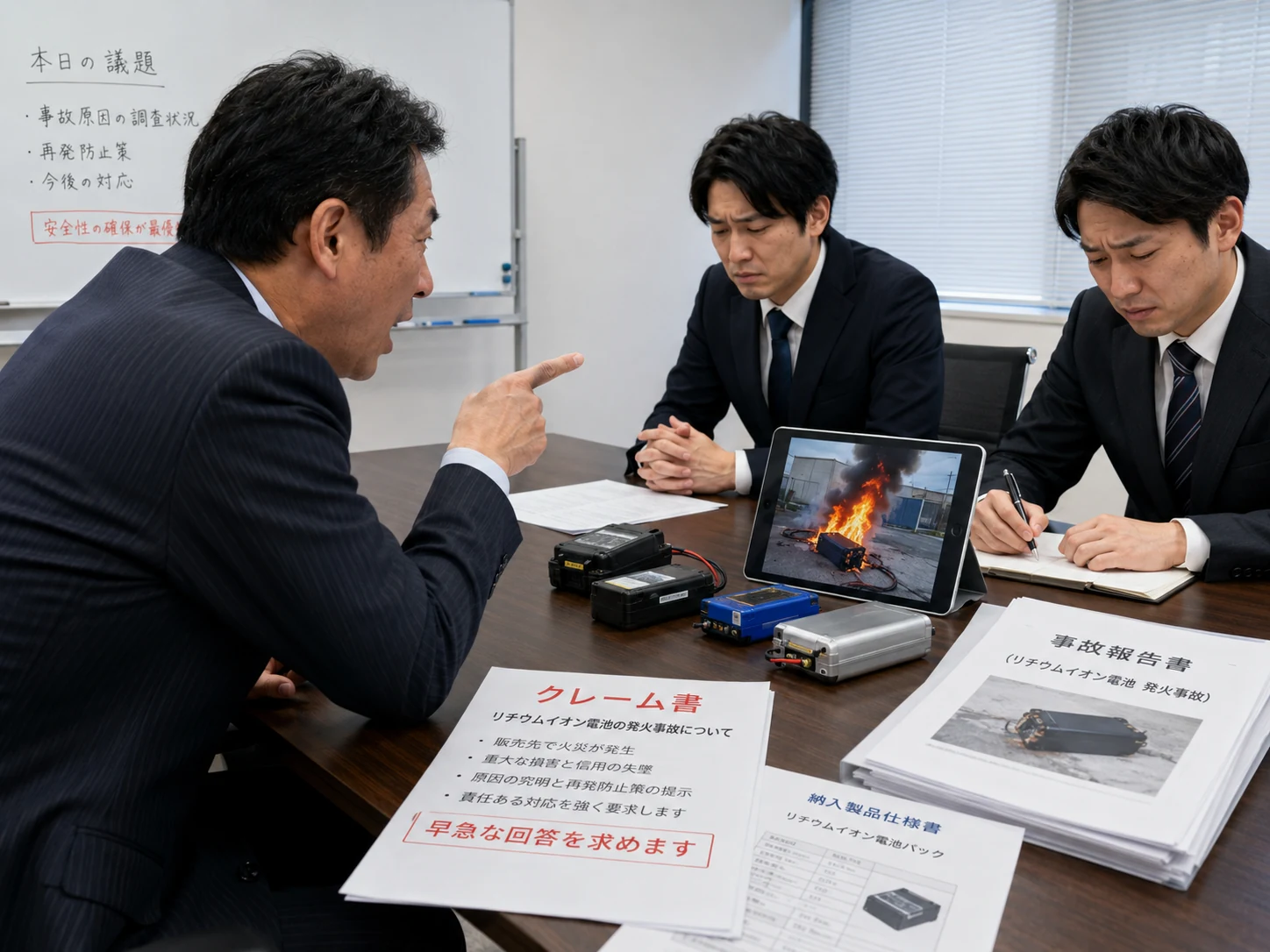 PSE製品の事故リスクと資料確認について協議する担当者