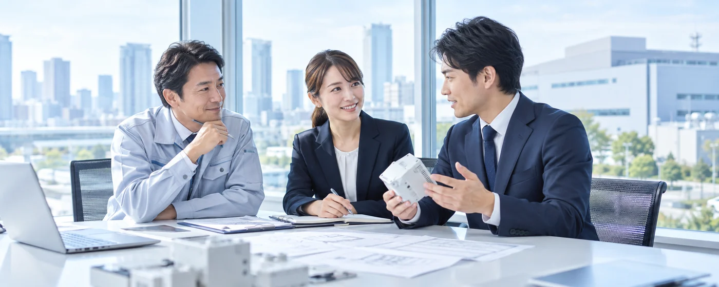 メーカー担当者と専門家が製品について相談するイメージ