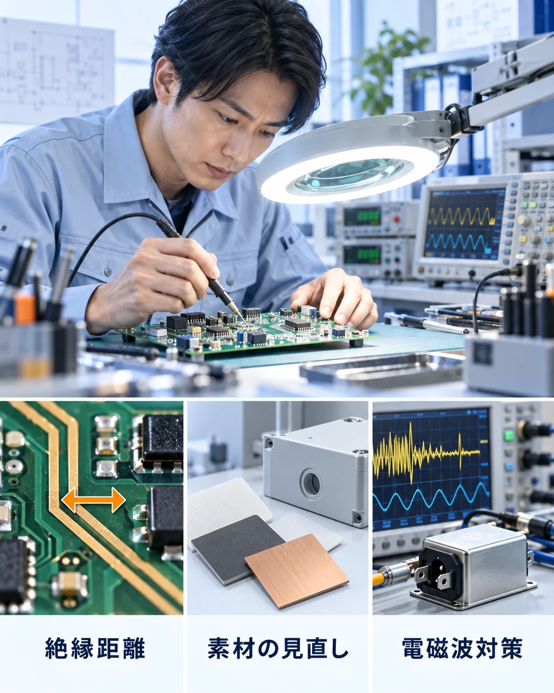 絶縁距離・素材の見直し・電磁波対策に対応する技術改善のイメージ