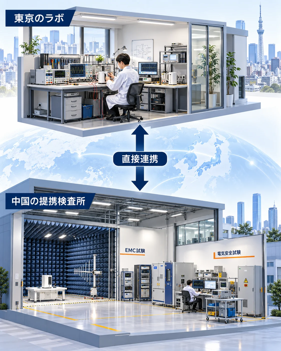 東京のラボと中国の提携検査所の直接連携を示すイメージ図