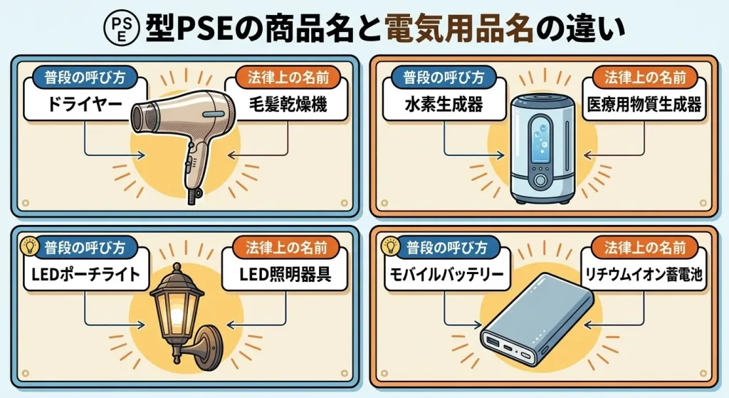 丸形PSEの商品名と電気用品名の違い