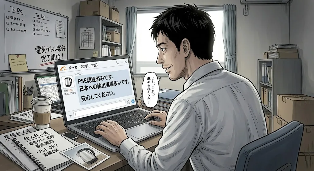 1人で輸入事業を営む社長が、アリババのチャット画面に表示された「PSE認証済みです」「日本への輸出実績多いです」「安心してください」という言葉を見ながら電気ケトルの仕入れを進めている漫画風イラスト