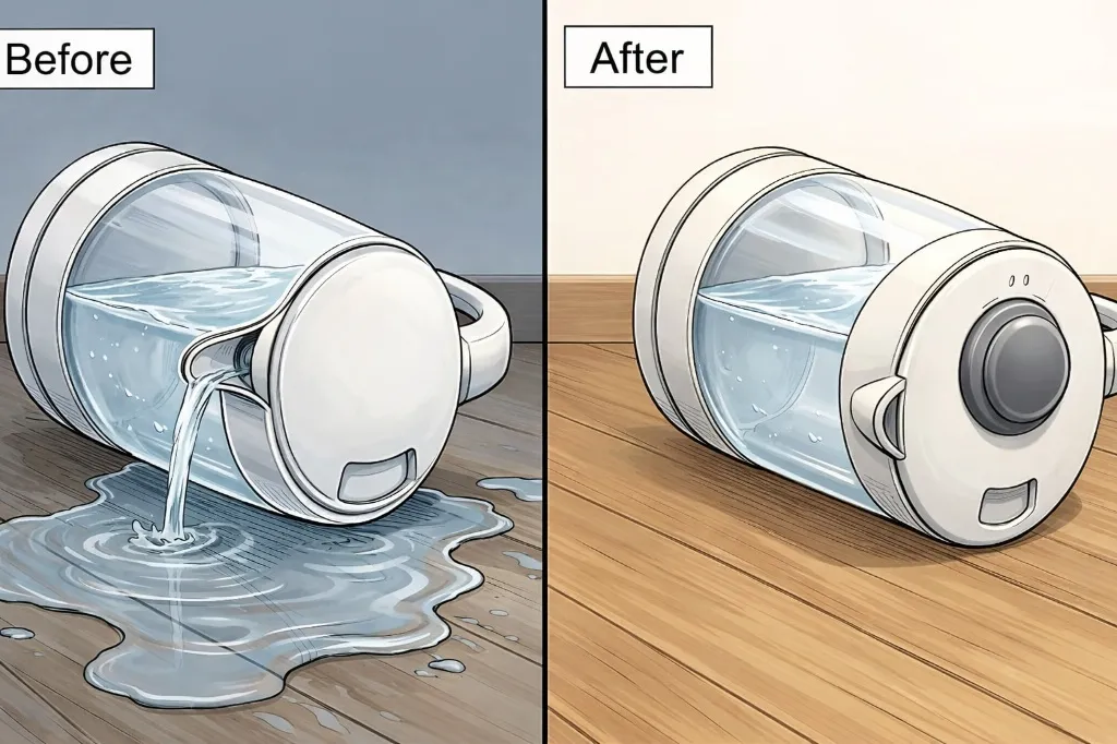 同じ形状の電気ケトルを床に横倒しにしたビフォーアフター比較イラスト。ビフォーでは通常の注ぎ口から水が流れ出て床に水たまりができ、アフターでは上部中央に丸い押しボタン式の放水スイッチが追加され、水がこぼれていない。