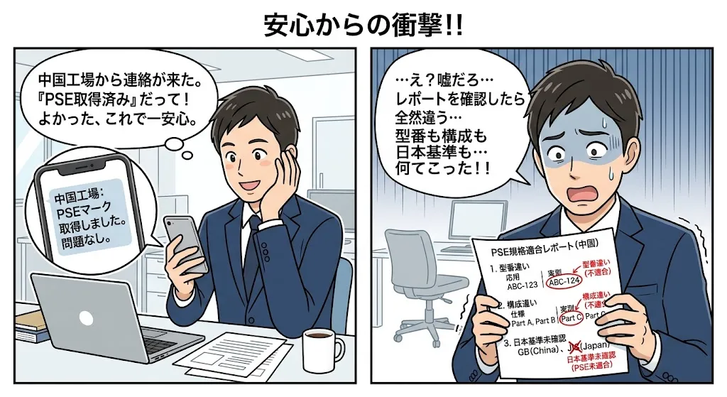 中国工場から「この製品はすでにPSE取得済み」と説明されて安心した日本の担当者が、その後レポートを確認して型番違い・構成違い・日本基準未確認などの不一致に気づき、青ざめているビジネス漫画風イラスト