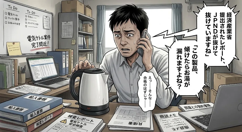経済産業局からの電話を受けた1人社長が、机の上の電気ケトルを見つめながら青ざめて動揺している漫画風イラスト
