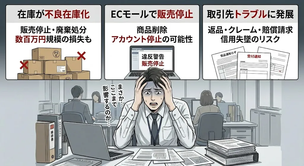 PSE未対応により、在庫の不良在庫化、ECモールでの販売停止、取引先トラブルの発生といった事業リスクを示すイラスト。オフィスで頭を抱える担当者の上に、在庫損失・アカウント停止・賠償請求リスクの3つの問題が表示されている。