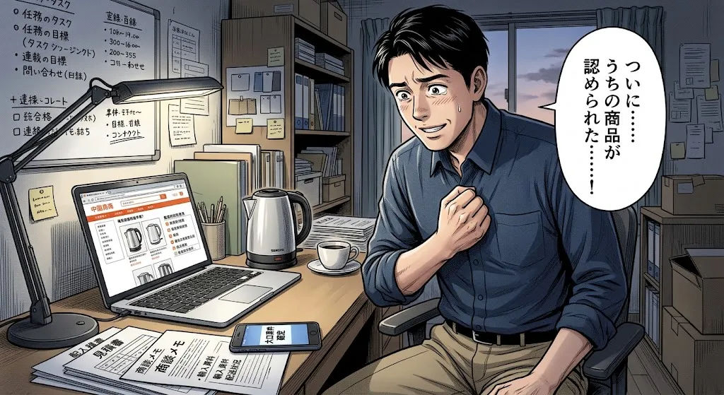 個人で輸入事業を営む1人社長が、小さなオフィスで電気ケトルの輸入案件の成功に手応えを感じている漫画風イラスト
