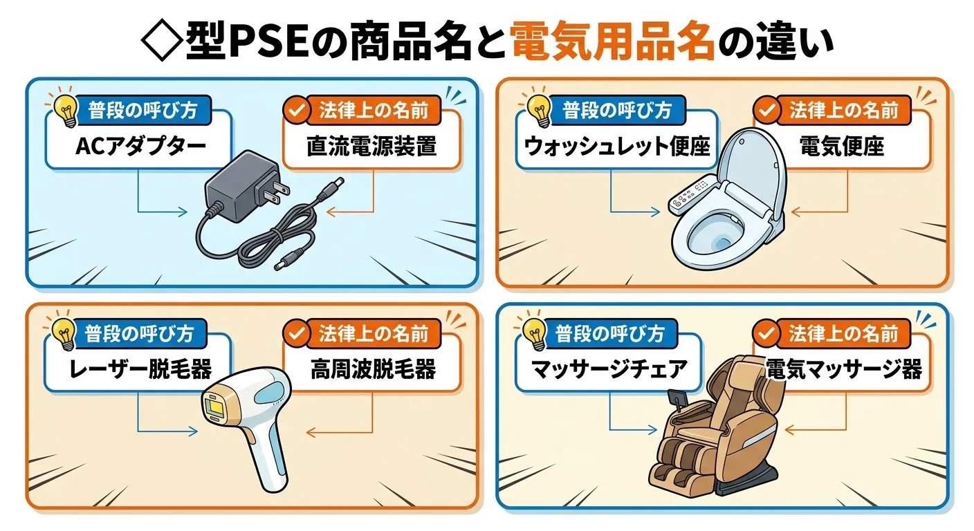 ◇型PSEの商品名と電気用品名の違い