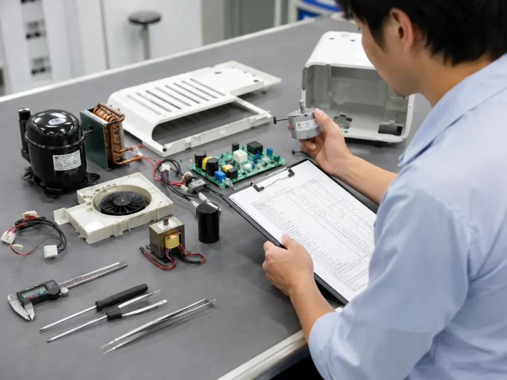 分解した電気製品の部品を机上に並べ、担当者がCDF(重要部品リスト)を確認しながら、モーターや基板などの型番・仕様を現物照合している実写風の画像