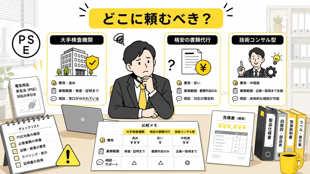 PSE認証取得代行をどこに依頼すべきか悩む担当者を中心に、大手検査機関、格安の書類代行、技術コンサル型の3つの選択肢を比較している図解