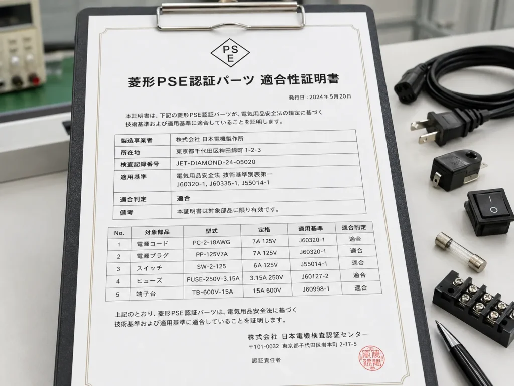 菱形PSE認証パーツの適合性証明書をクリップボードに載せ、周囲に電源コード、プラグ、スイッチ、ヒューズ、端子台などの電気部品を配置した実写風画像