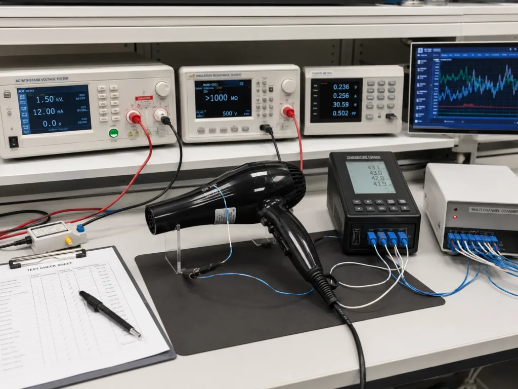 ドライヤーを試験台に設置し、耐電圧試験器、絶縁抵抗試験器、電力計、温度測定器などを接続してPSE試験を行っている実写風画像