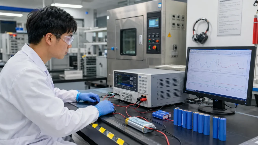 研究室で技術者がリチウムイオン電池セルやバッテリーパックを測定機器に接続し、グラフを確認しながら試験している実写風の画像