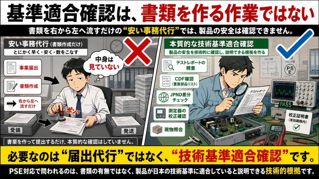 PSE対応において、書類を作成して提出するだけの事務代行と、テストレポート精査・CDF確認・JPND差分チェック・測定器の校正確認・現物照合まで行う技術基準適合確認の違いを比較した漫画風図解