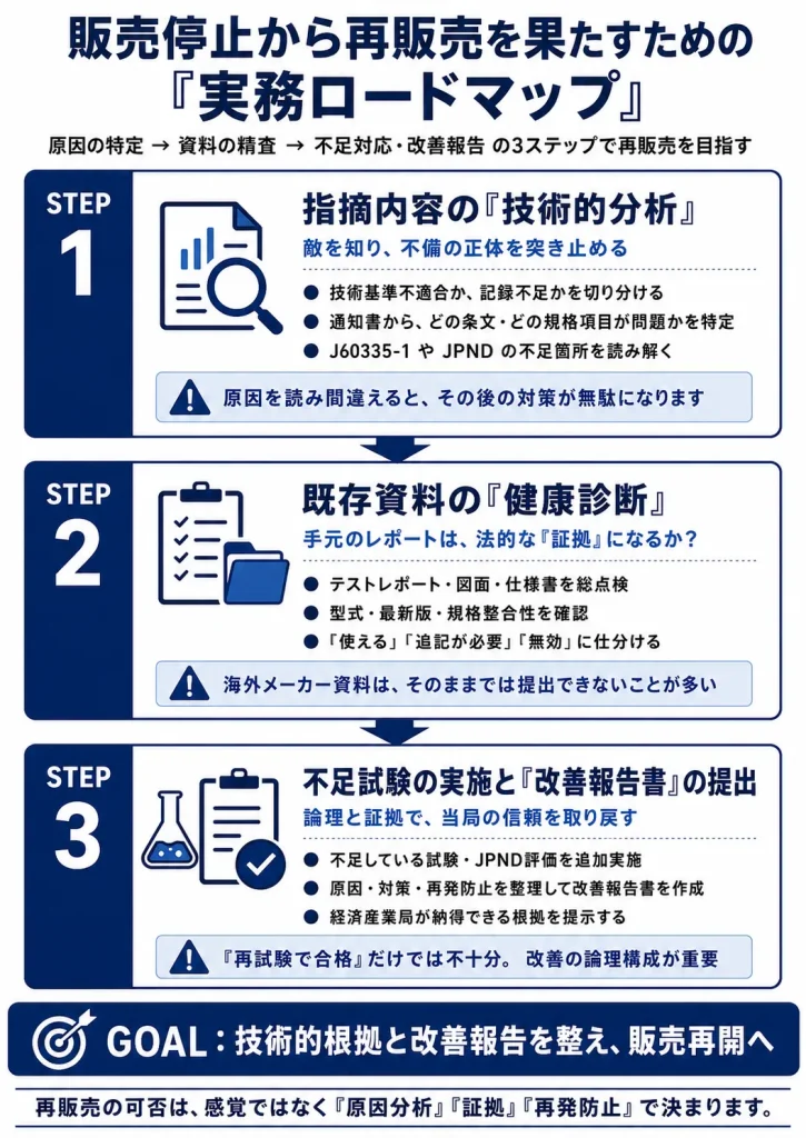 販売停止から再販売を目指すための実務ロードマップを、指摘内容の技術的分析、既存資料の健康診断、不足試験の実施と改善報告書の提出という3ステップで整理した図解