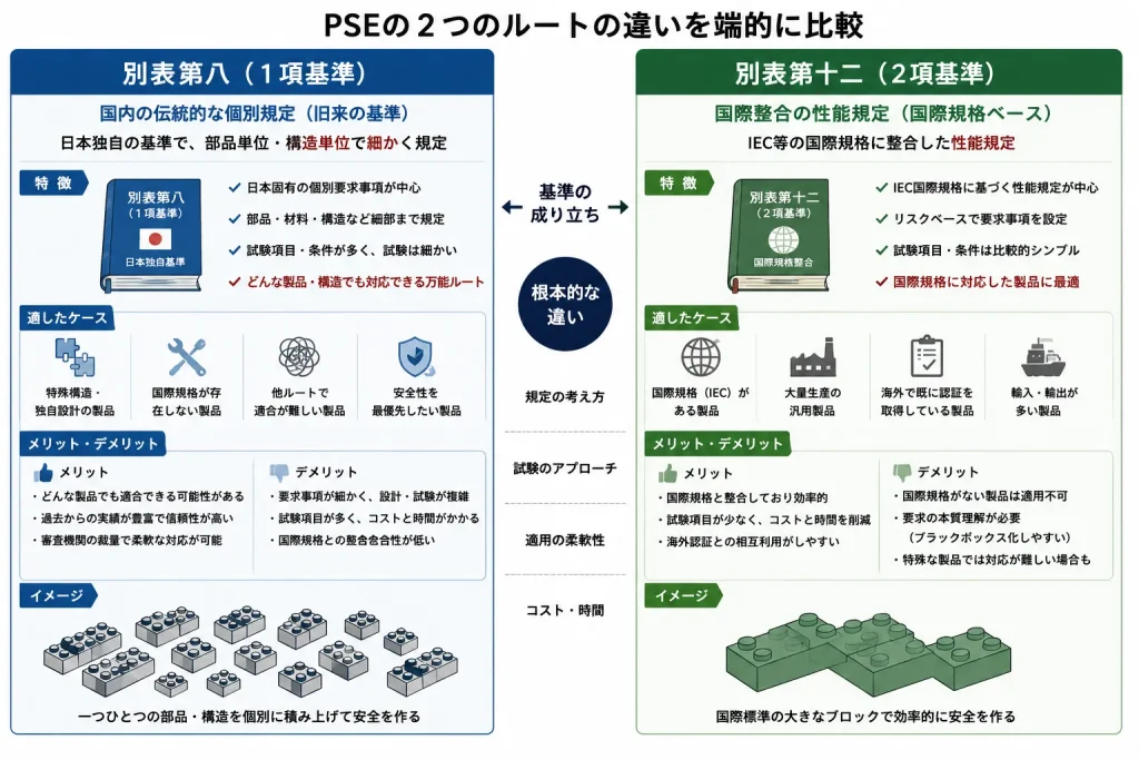 PSE実務における別表第八と別表第十二の違いを、1項基準と2項基準、国内独自基準と国際規格整合基準、適したケースやメリット・デメリットの観点から比較した図解