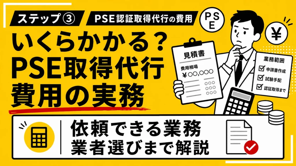 PSE認証取得のステップ3として、PSE認証取得代行の費用はいくらか、依頼できる業務や業者選びまで実務目線で解説する黄色ベースのアイキャッチ画像