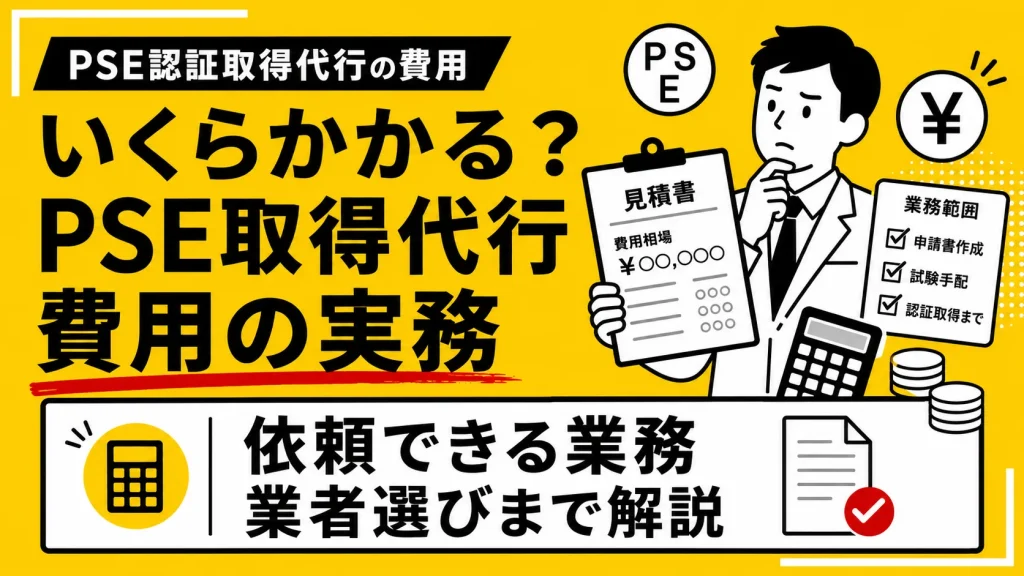 PSE認証取得代行の費用相場、依頼できる業務範囲、業者選びのポイントを解説する黄色ベースのアイキャッチ画像