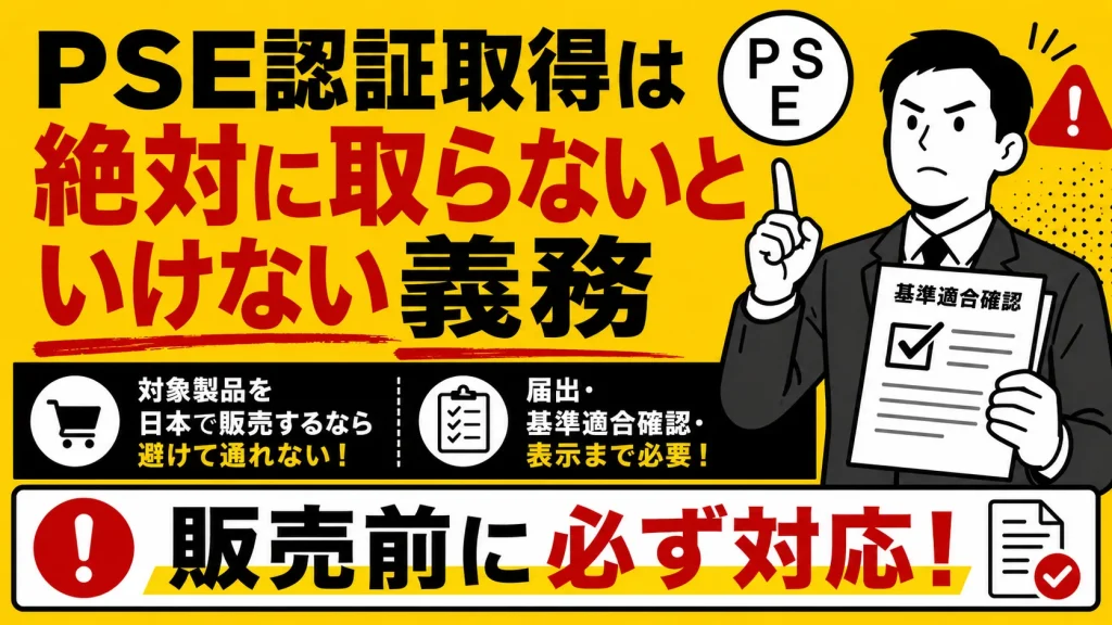SE対象製品を日本で販売する場合、事業届出、基準適合確認、PSE表示などの対応が販売前に必要であり、PSE認証取得は避けて通れない義務であることを強調した注意喚起画像