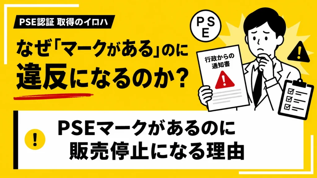 PSE認証取得のイロハを解説するアイキャッチ画像。PSEマークが表示されていても販売停止になる理由を説明。