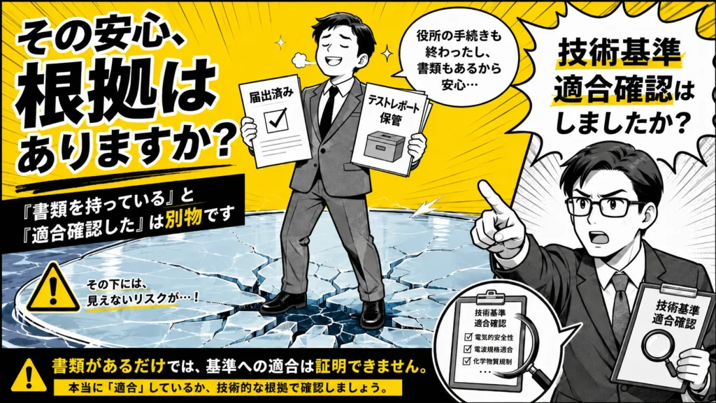 役所への届出やテストレポートの保管だけで安心している事業者に対し、技術基準適合確認を本当に行ったかを問いかける漫画風の注意喚起画像