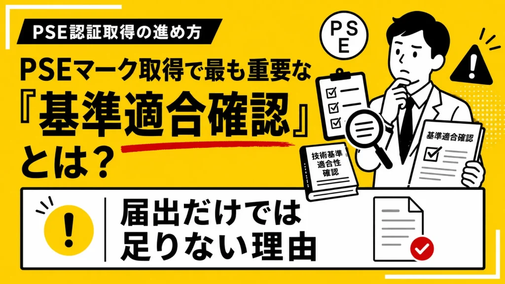 PSEマーク取得で最も重要な基準適合確認とは何かを示し、届出だけでは足りない理由を解説する黄色ベースのアイキャッチ画像