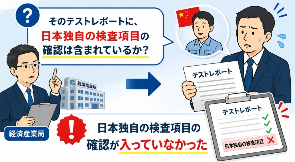 そのテストレポートに、日本独自の検査項目の確認は含まれているか

ところが、中国メーカーから提供されたテストレポートには、
日本独自の検査項目の確認が入っていませんでした。