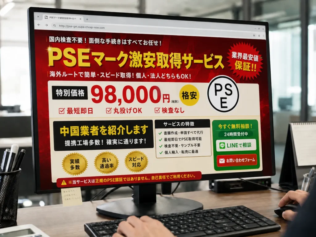 PCモニターに、赤と黄色を基調とした怪しい雰囲気のLPが表示されており、「PSEマーク激安取得サービス」「98,000円」「中国業者を紹介します」などの強い訴求文が並ぶ実写風画像