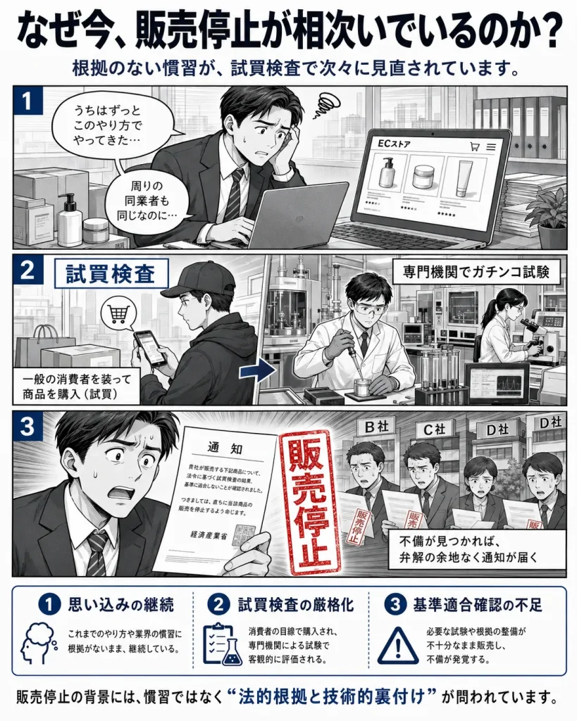PSE対応において販売停止が相次ぐ理由を、試買検査の実施、専門機関での製品試験、基準適合確認不足による行政通知の流れで解説した漫画風図解