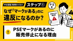 PSE認証取得のステップ1として、PSEマークがあるにもかかわらず販売停止になる理由を、行政からの通知書を持って悩む担当者とともに説明した黄色ベースのアイキャッチ画像