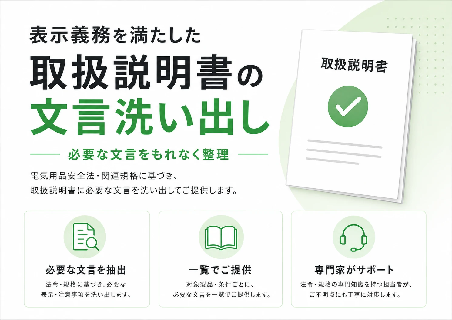 表示義務を満たした取扱説明書の文言洗い出し 必要な文言をもれなく整理