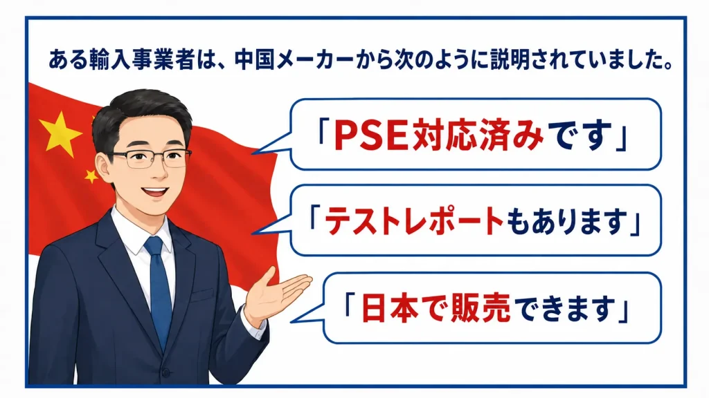 ある輸入事業者は、中国メーカーから次のように説明されていました。

PSE対応済みです

テストレポートもあります

日本で販売できます