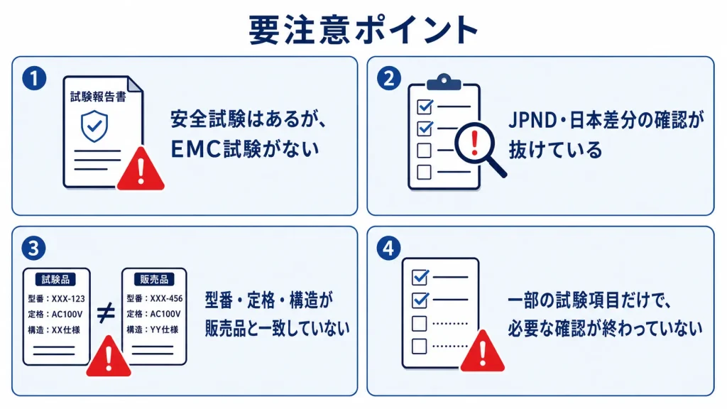 安全試験はあるが、EMC試験がない

JPND・日本差分の確認が抜けている

型番・定格・構造が販売品と一致していない

一部の試験項目だけで、必要な確認が終わっていない